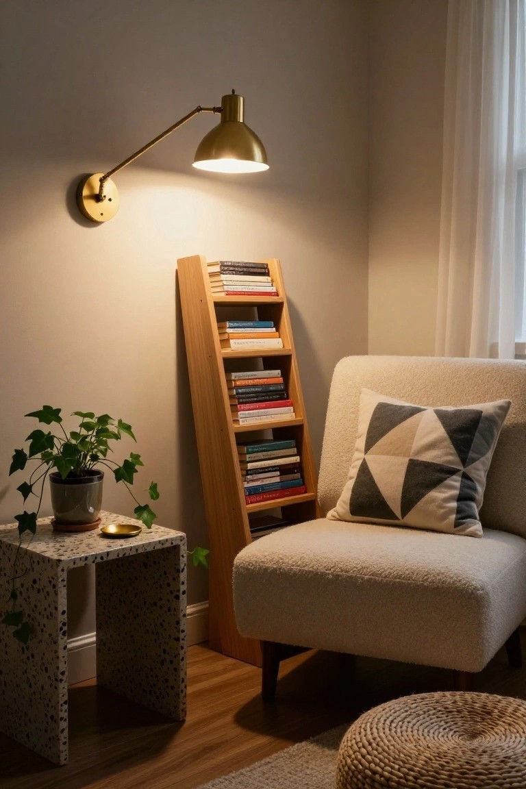 Cozy indoor reading nook with tall wooden ladder bookshelf filled with books, cream bouclé armchair with geometric pillow, terrazzo side table holding potted ivy plant and saucer, brass swing arm wall lamp, sheer curtained window, and woven footstool on wood floor.