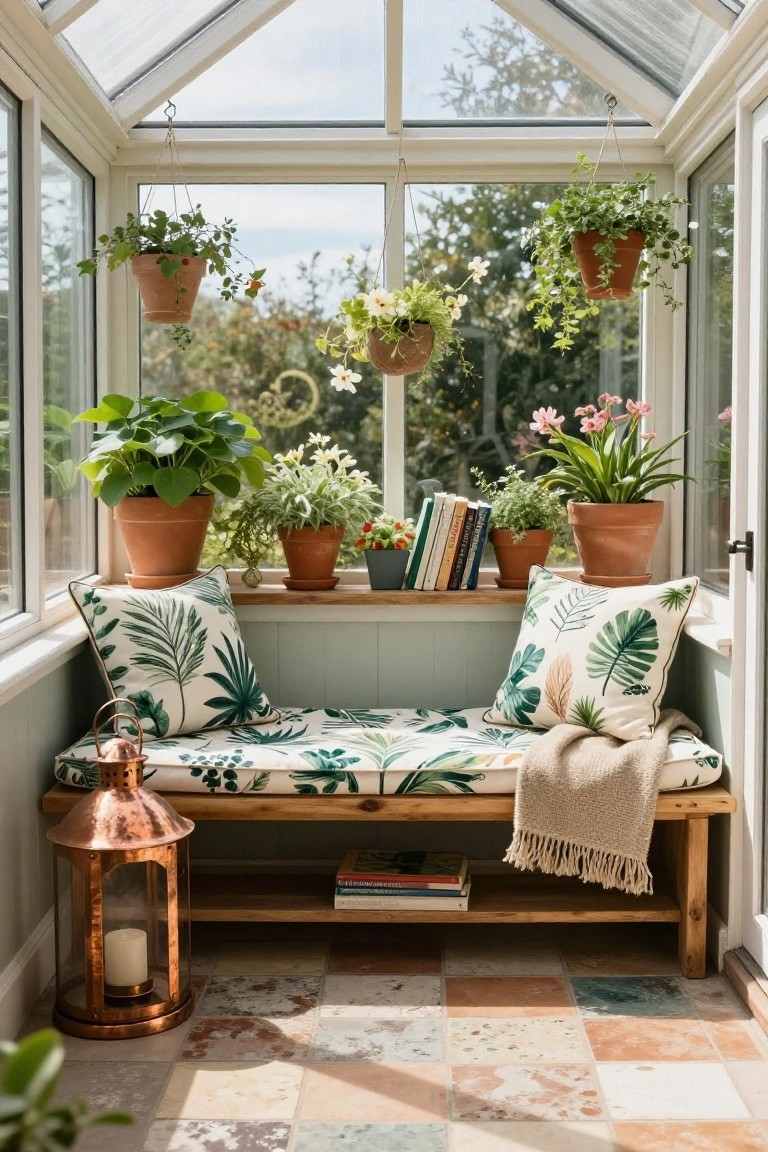 Glass conservatory interior with potted plants on shelves and hanging, a cushioned bench with pillows and books underneath, and a copper lantern with candle on the terracotta tiled floor.