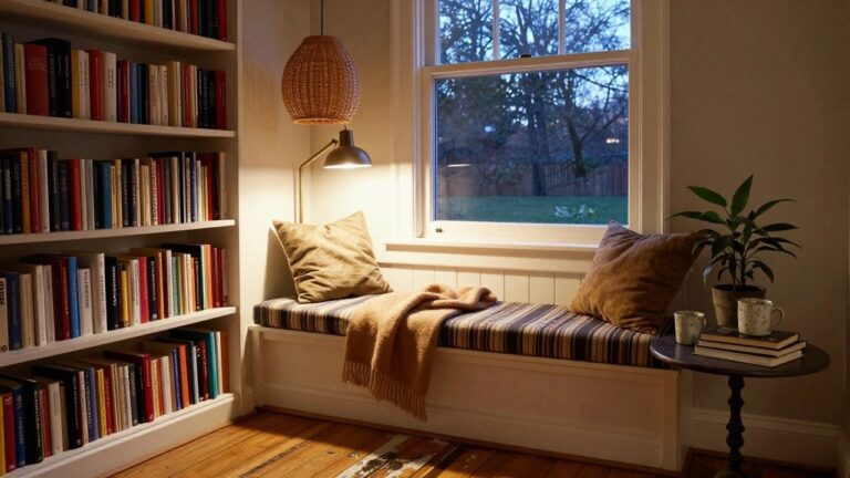 Warm table lamp lighting a reading chair at night