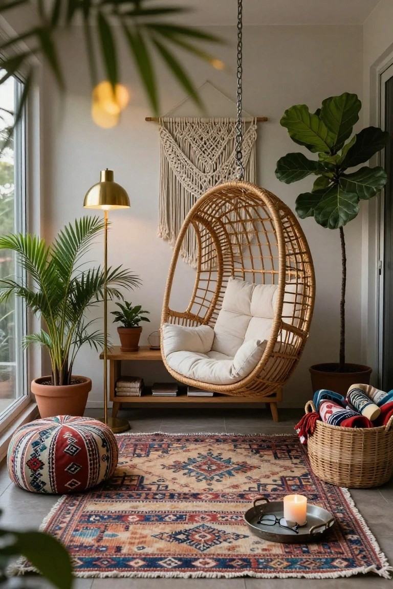Indoor nook with hanging oval rattan chair with white cushions, tall gold floor lamp, potted plants, macrame hanging, wooden side table, patterned rug, pouf, and candle tray on tiled floor near large windows.