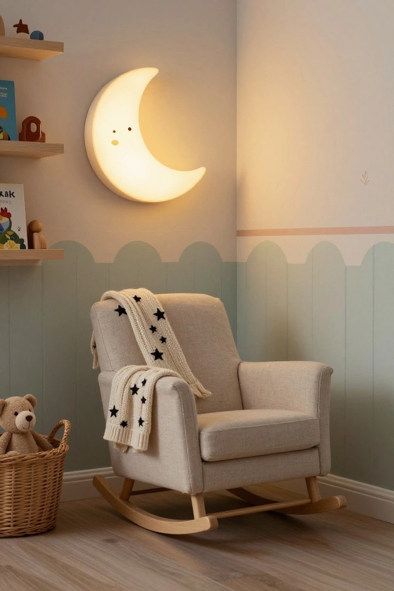 Nursery corner with light beige rocking chair draped in white knit blanket with black stars, wicker basket holding teddy bear on wood floor, wooden shelves holding books and wooden toys, mint green scalloped lower wall, and glowing white smiling crescent moon wall light.
