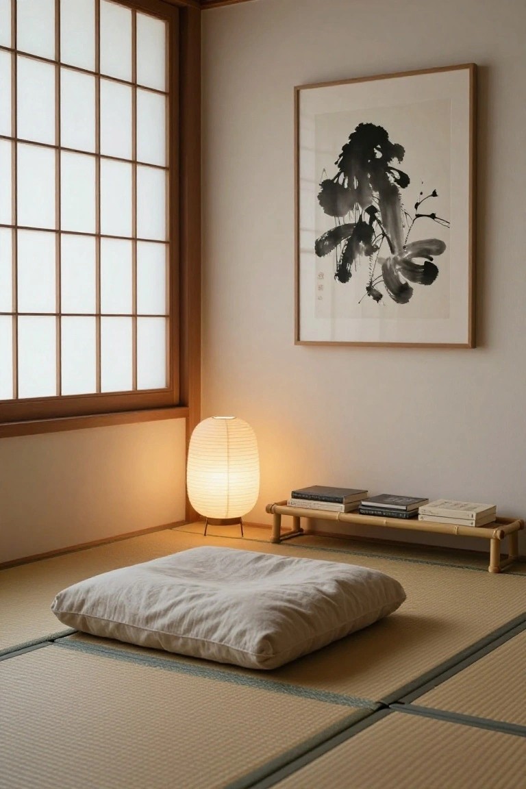 Minimalist Japanese-style interior with tatami flooring, beige zabuton cushion, glowing rice paper lantern on metal stand, bamboo shelf holding stacked books, shoji screen window, and framed ink abstract painting on beige wall.