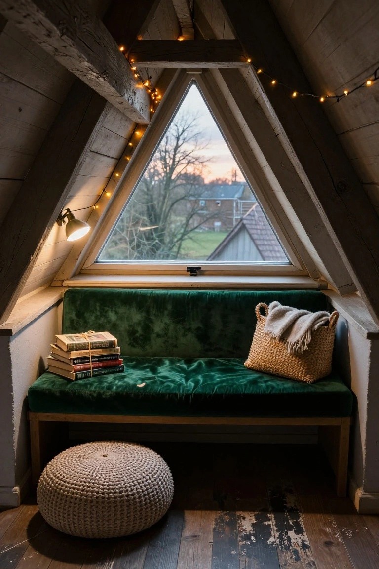 Attic reading nook featuring a green velvet bench with stacked books under a large triangular window, string lights along wooden beams, a wall lamp, woven basket with blanket, and a round pouf on a wooden floor with a rural view outside.