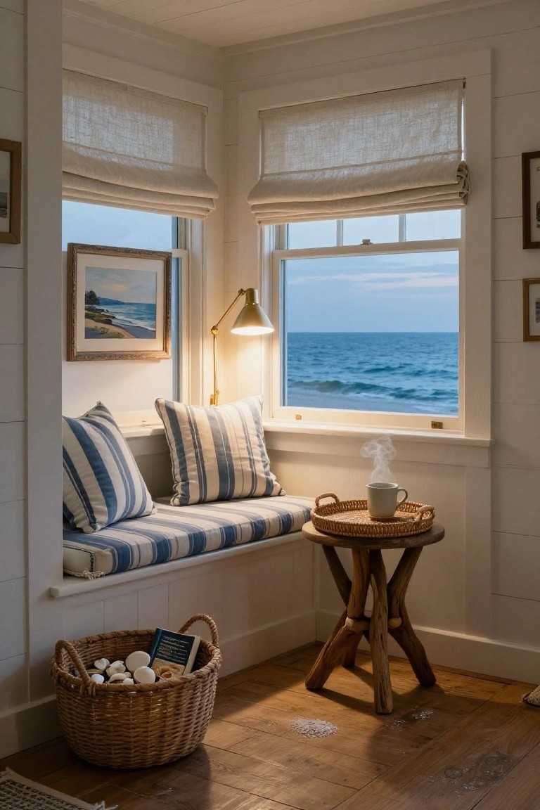 Interior corner window nook with blue and white striped cushions on bench seat, brass gooseneck lamp lit beside window overlooking ocean, woven tray table holding mug, wooden stool table, and basket with book and seashells on wooden floor.