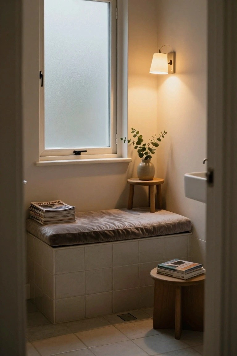 A small bathroom viewed from the doorway shows a frosted window, wall-mounted lamp with fabric shade, eucalyptus in vase on stool beside sink, cushioned bench on tiled base with stacked magazines, and wooden stool with books.