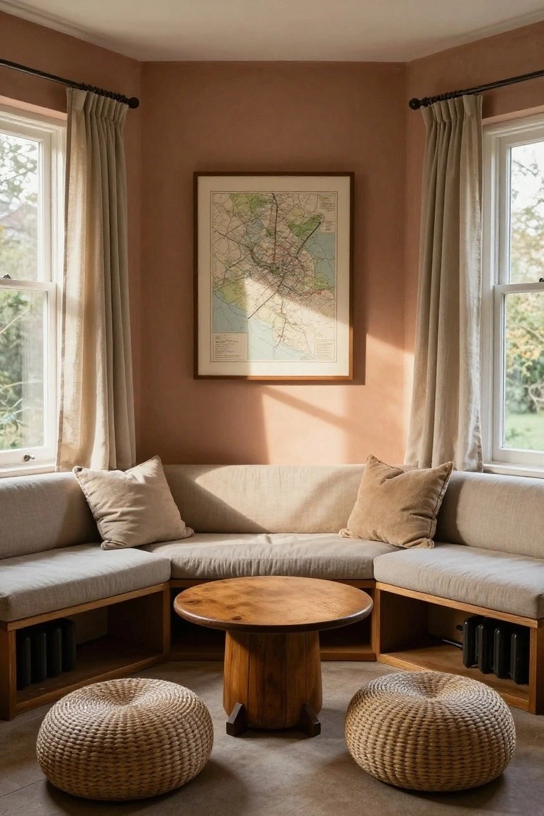 Cozy corner seating with beige cushions, a wooden coffee table, and woven poufs.
