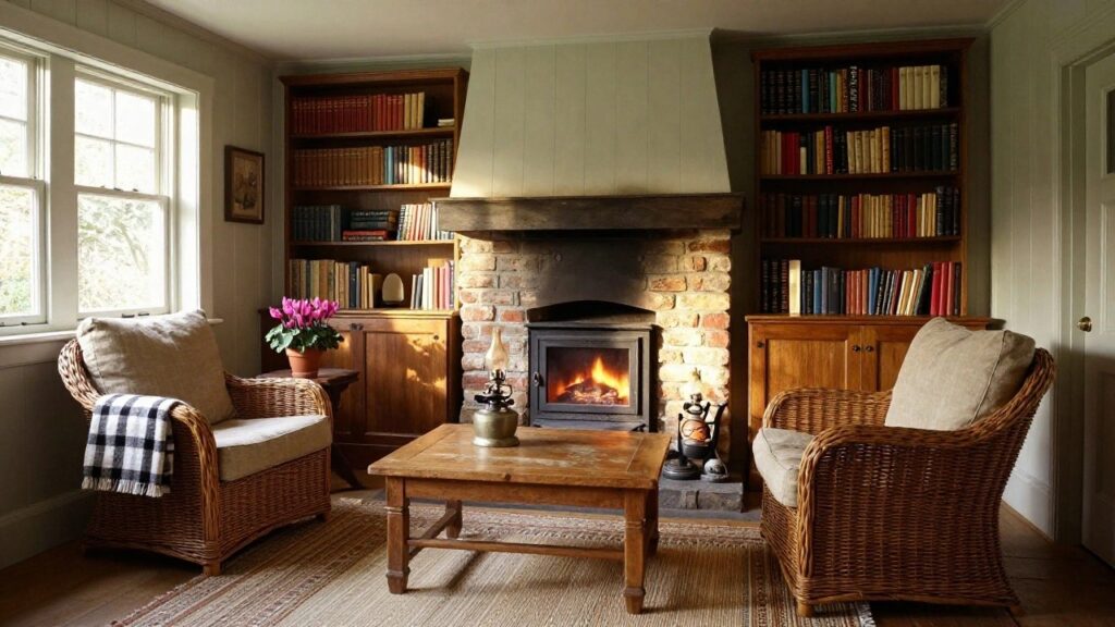 Light interior room with wood-burning stove in brick and stone surround, two rattan armchairs with plaid throws on a colorful rug, wooden coffee table with lanterns, bookshelves, and potted plants near windows.