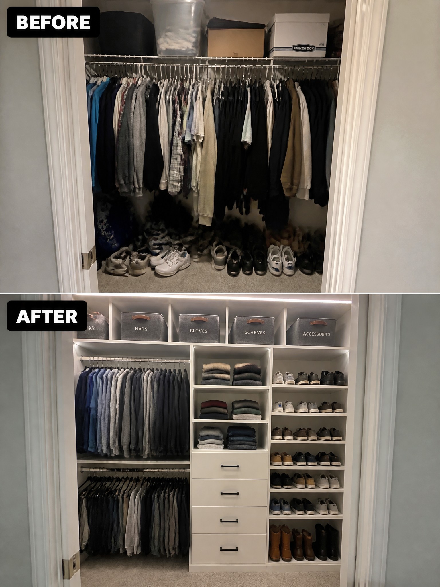 Before-and-after closet transformation showcasing organized clothing and neatly arranged shoes in neutral tones.