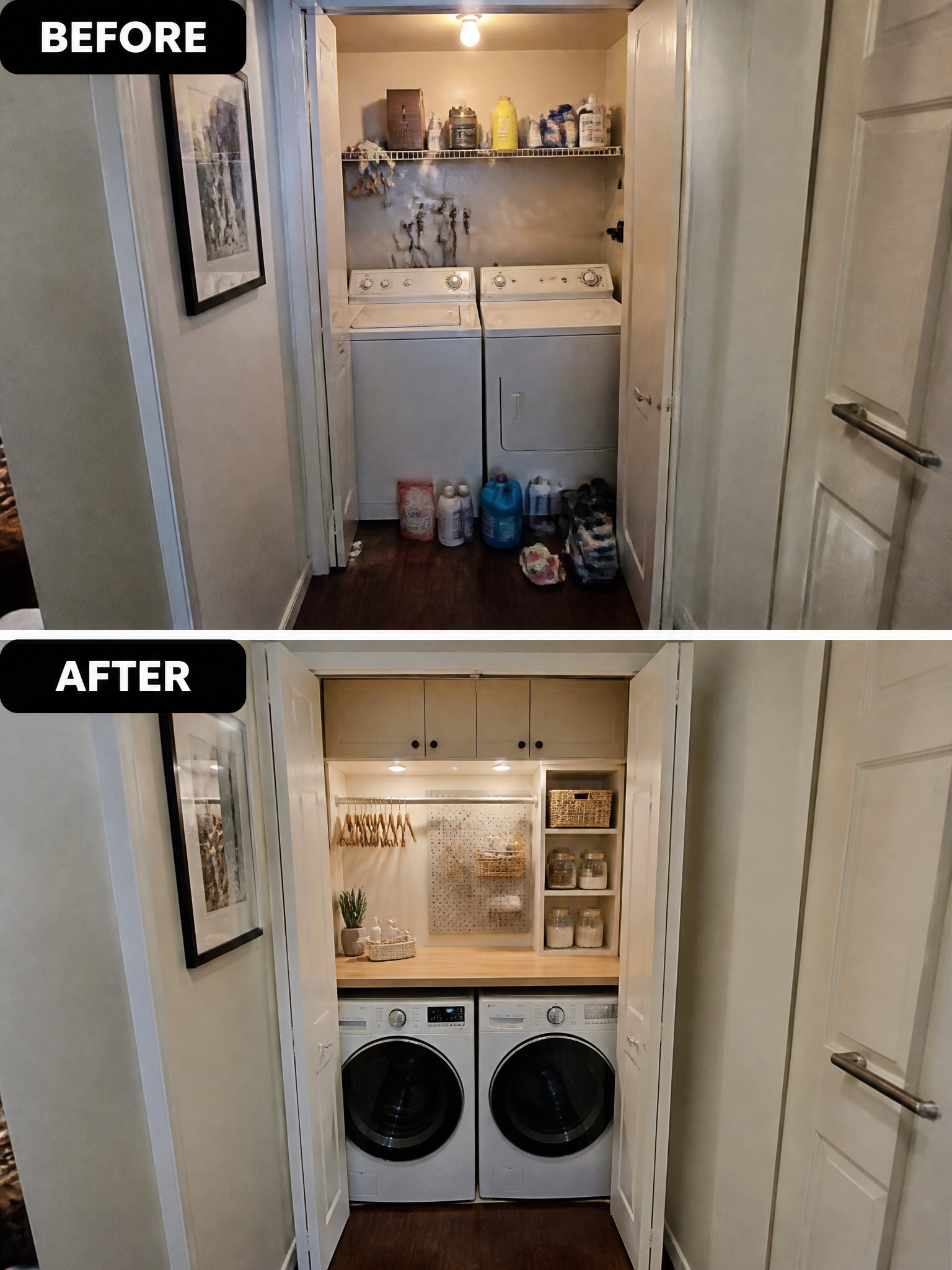 Before and after laundry room transformation, featuring organized shelves and modern appliances.