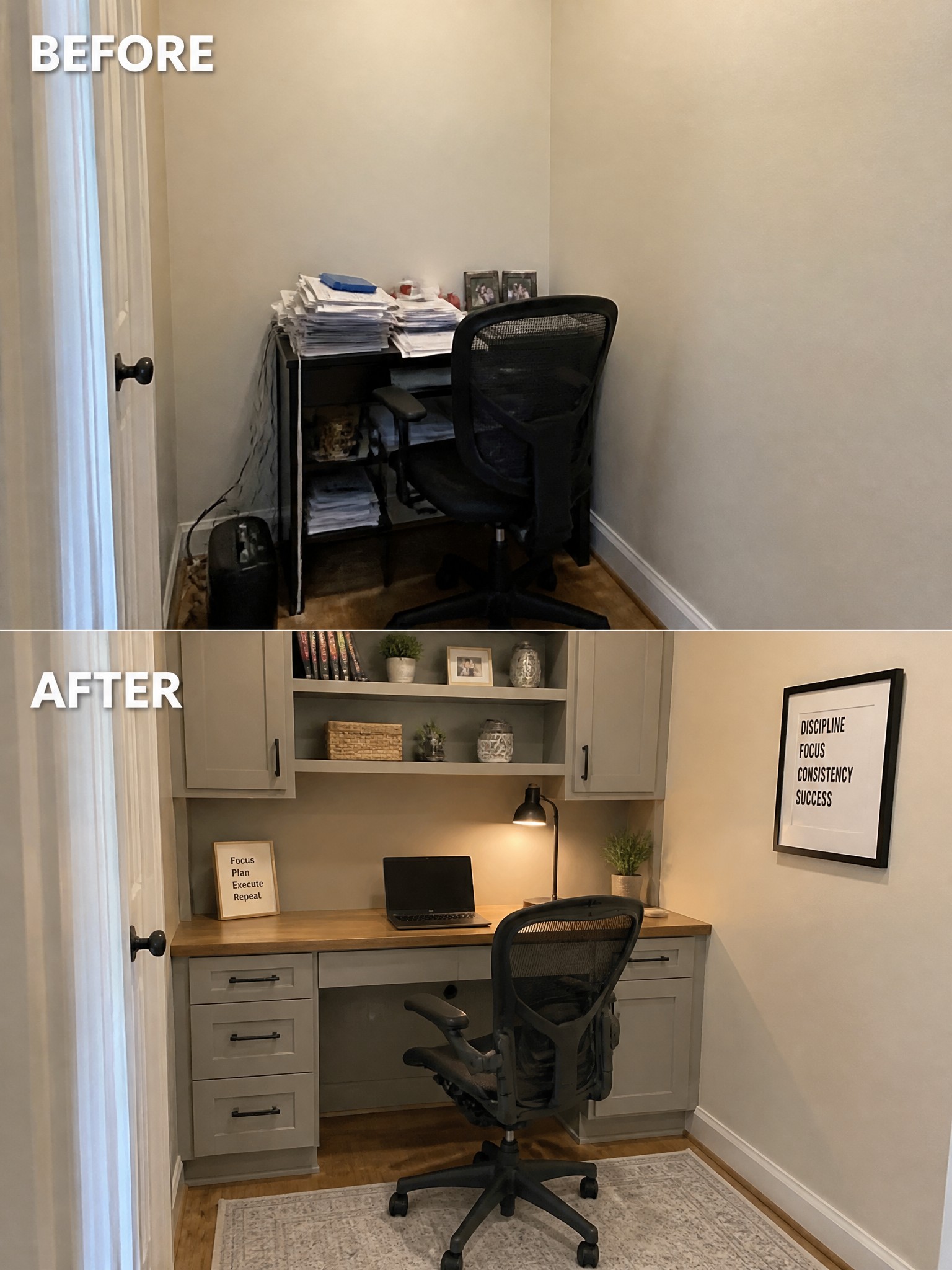 Before-and-after transformation of a home office, featuring cluttered and organized spaces.