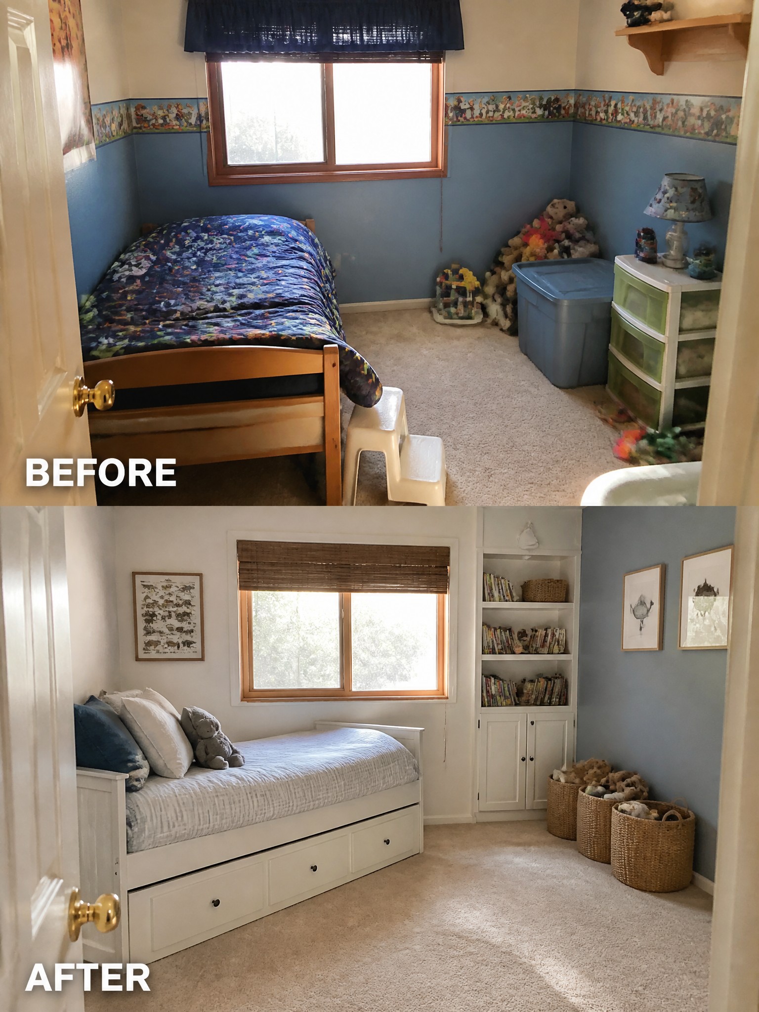 Before: a cluttered children's room with blue walls and a bed. After: a minimalist, tidy room with a white daybed and bookshelves.