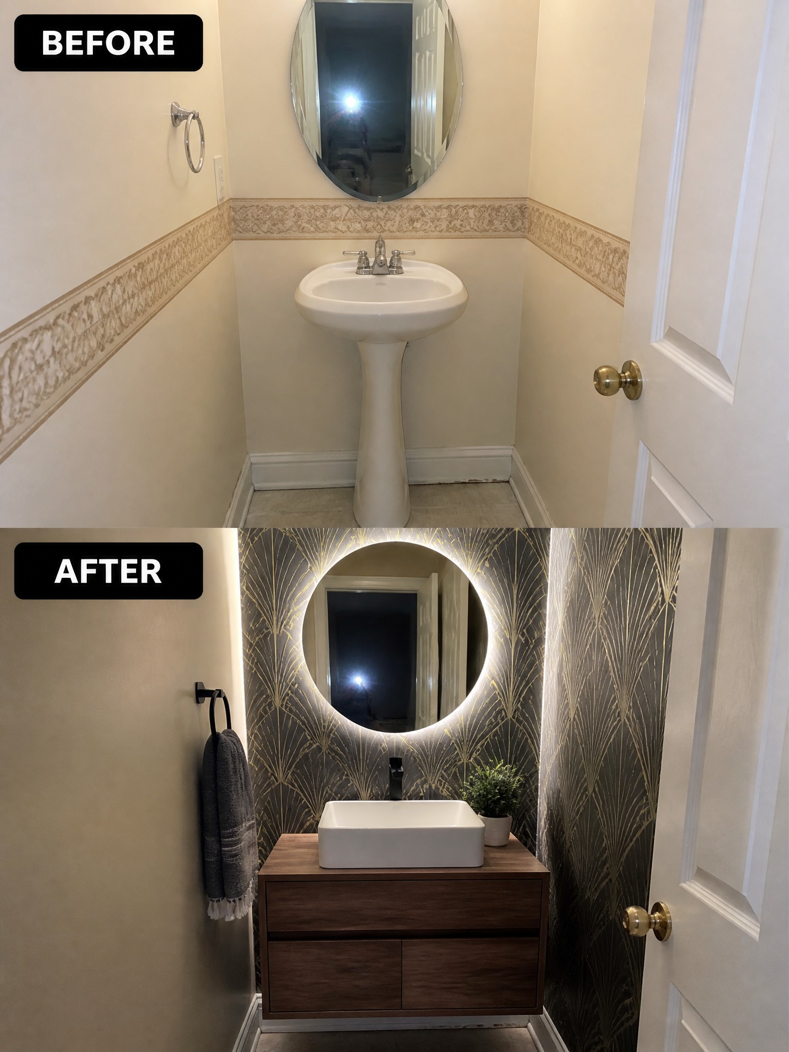 Before-and-after image of a small bathroom showing a pedestal sink replaced by a floating vanity with patterned wallpaper and a backlit mirror.