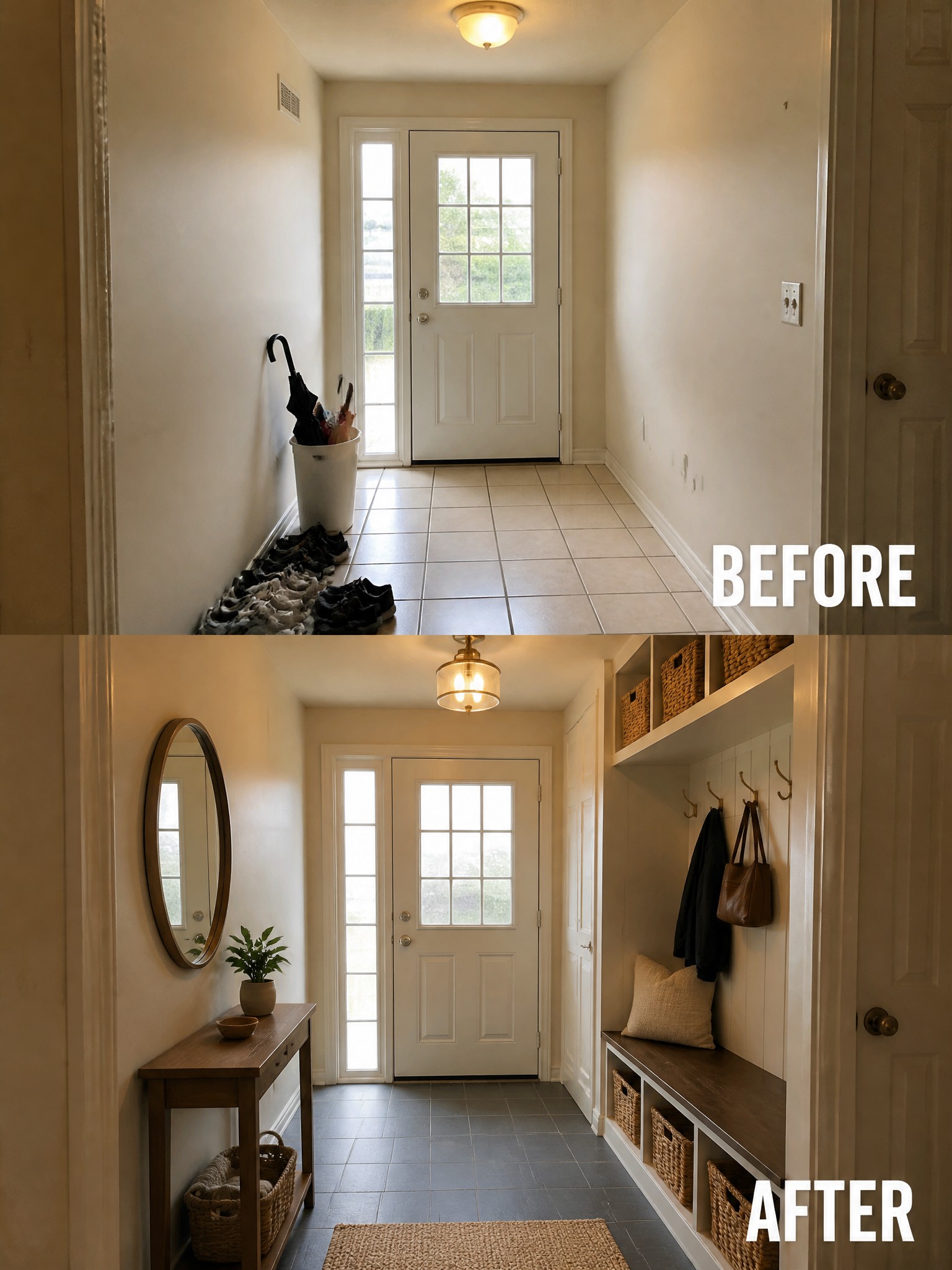 Before-and-after image of a plain entry hallway transformed with built-in storage, a bench, hooks, baskets, and added furniture.