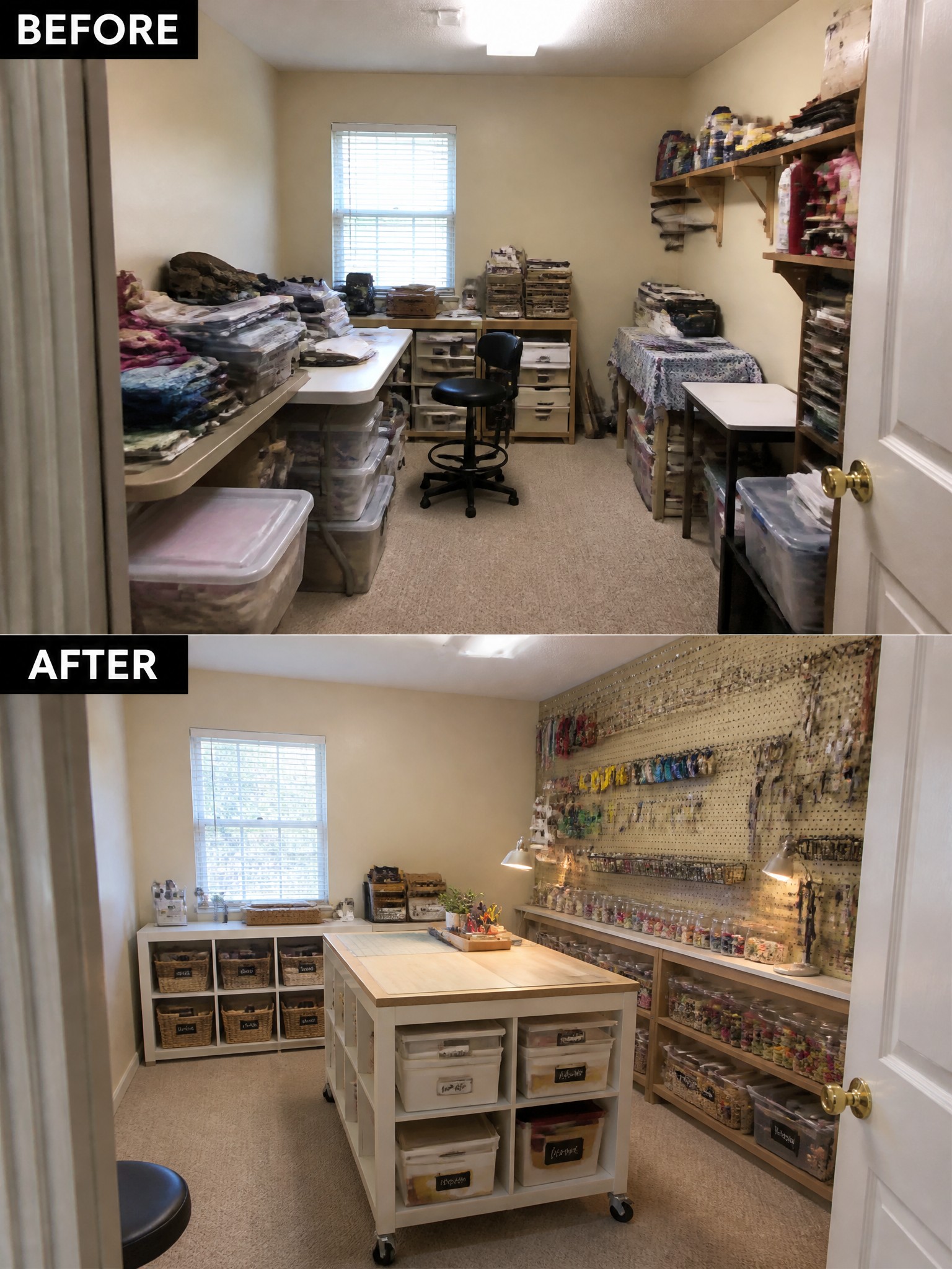 Before-and-after image of a cluttered craft room transformed into an organized workspace with pegboard storage, labeled bins, and a central island.