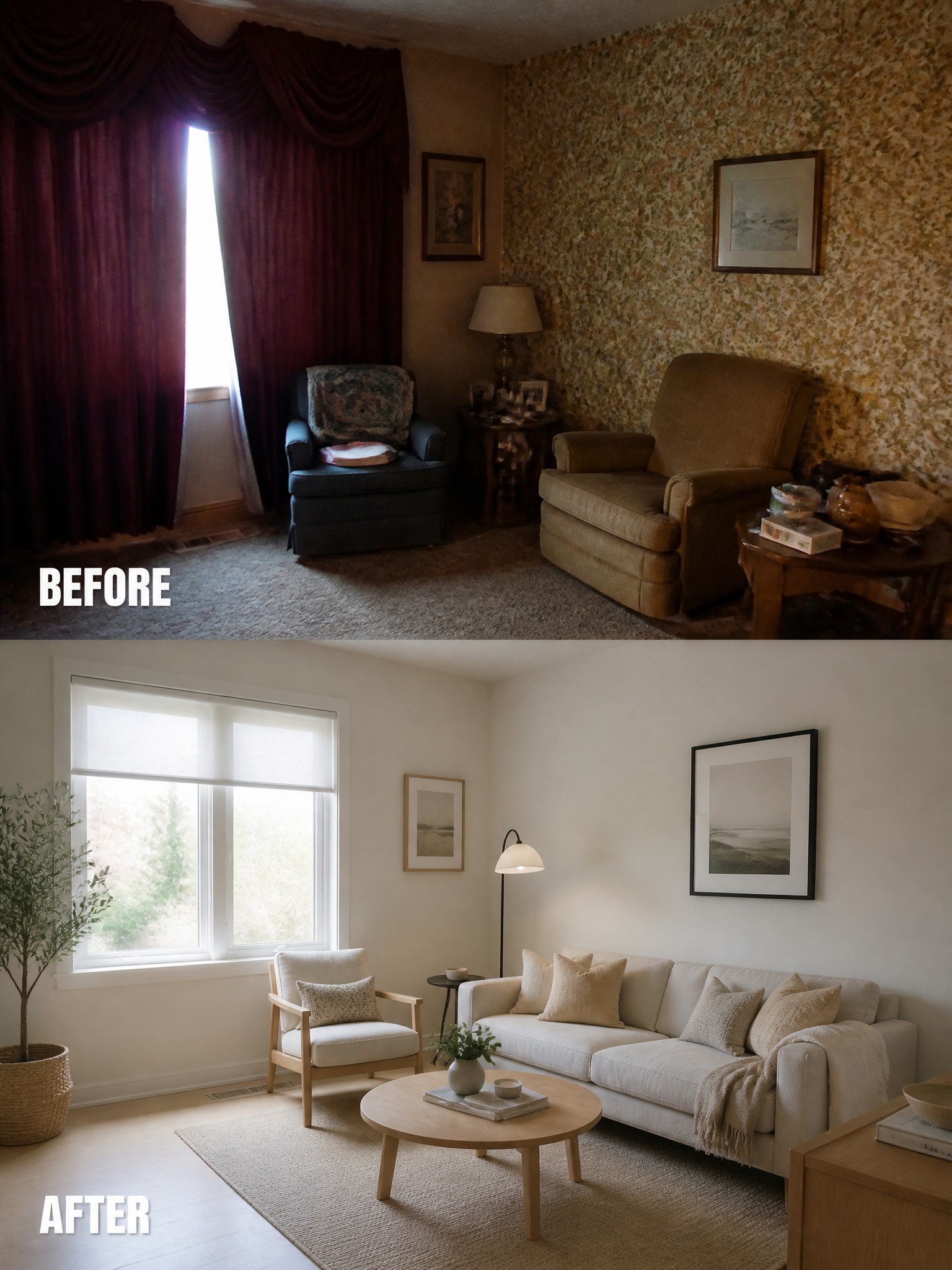 Living room renovation: dark, dated decor transformed to bright, modern minimalism with neutral tones.