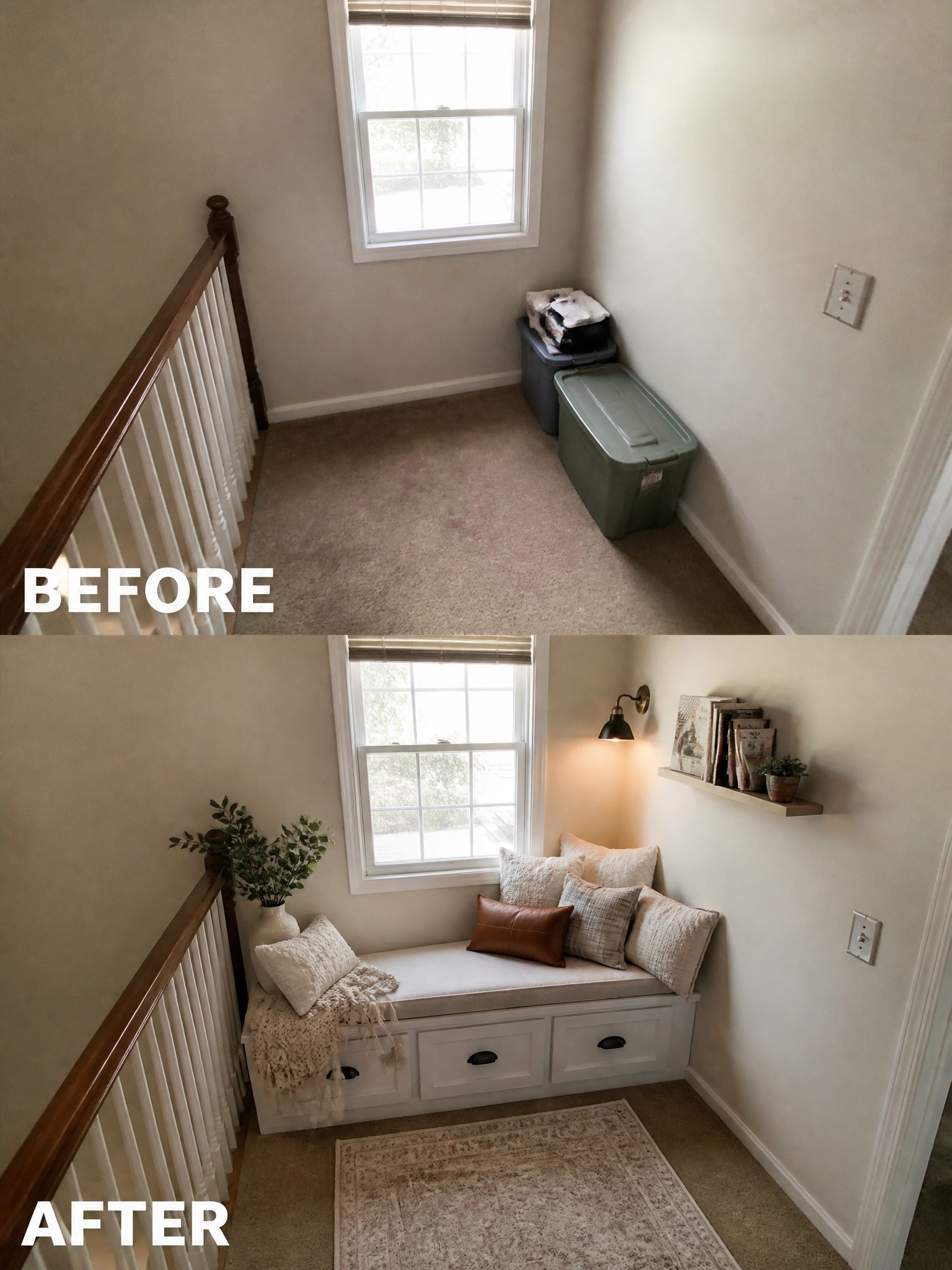 Before and after transformation of a stair landing, featuring a cozy bench and decor.