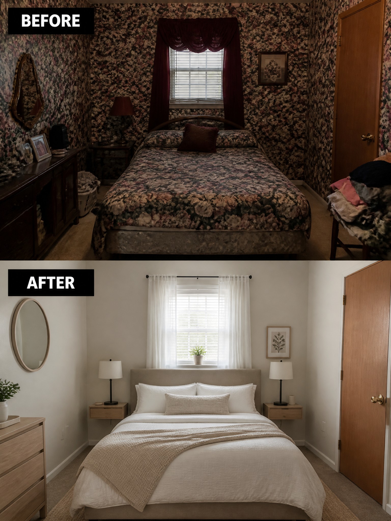 A bedroom transformation: floral wallpaper replaced with neutral tones, modern decor, and minimalistic furnishings.