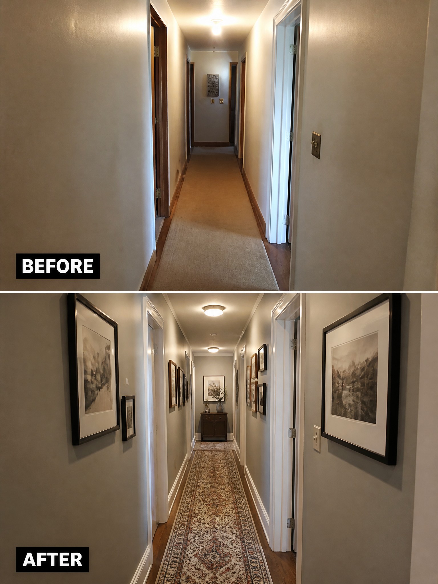 Hallway transformation from plain walls and carpet to decorated walls with artwork and a rug.