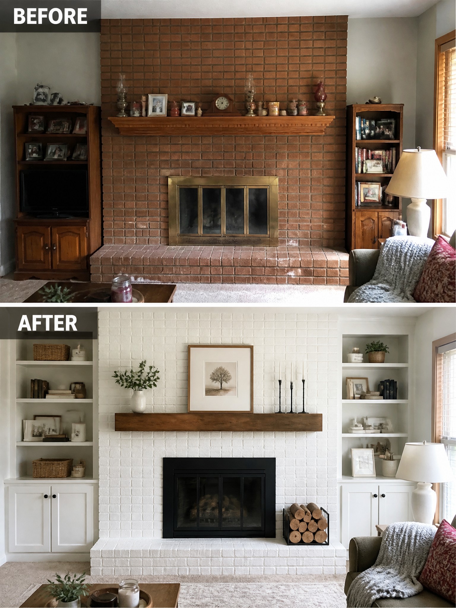 Fireplace makeover: before with orange brick; after transformed to white with wooden mantel.