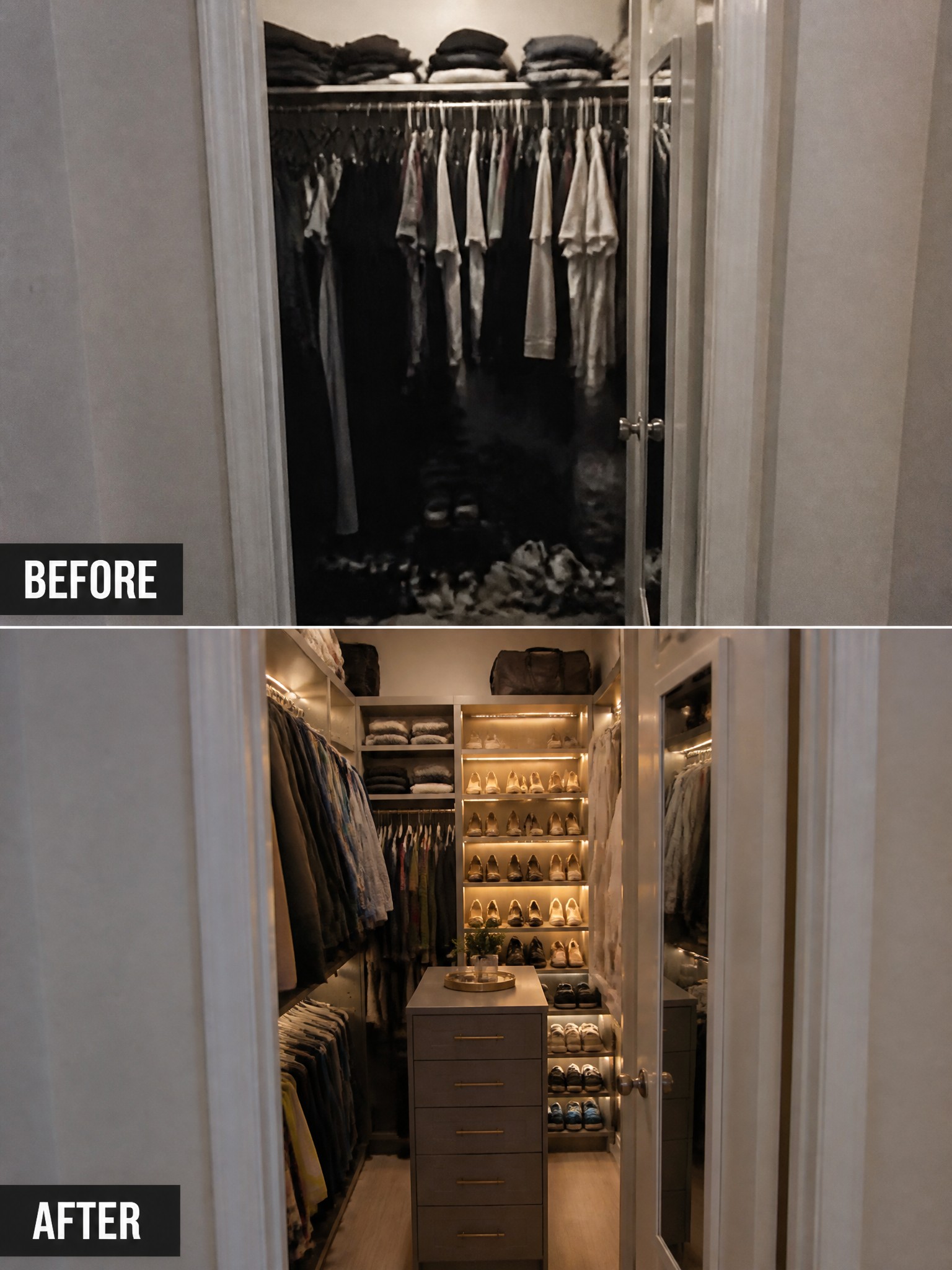 Dark, cluttered closet transformed into a well-organized, brightly lit storage space.