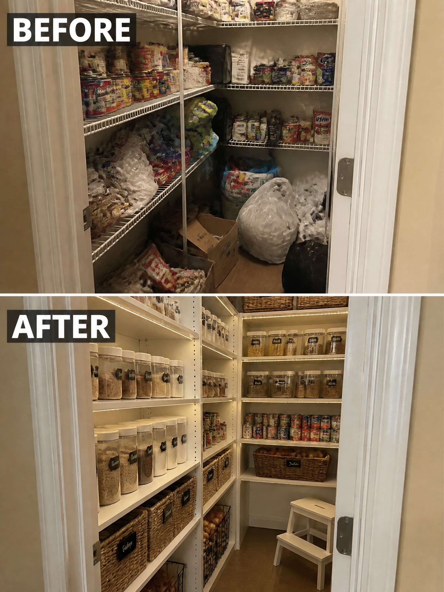 Before-and-after image of a cluttered pantry reorganized with labeled glass jars, woven baskets, and added lighting on the shelves.