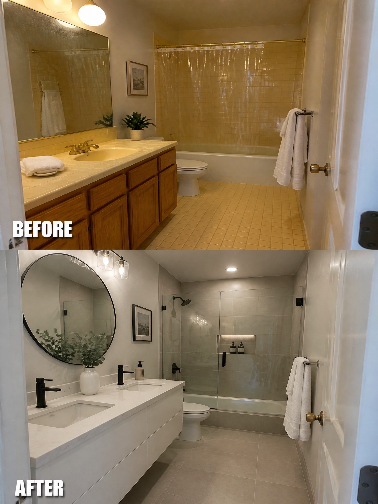 Before-and-after image of a yellow-tiled bathroom renovated into a modern gray and white space with a floating vanity and glass shower enclosure.