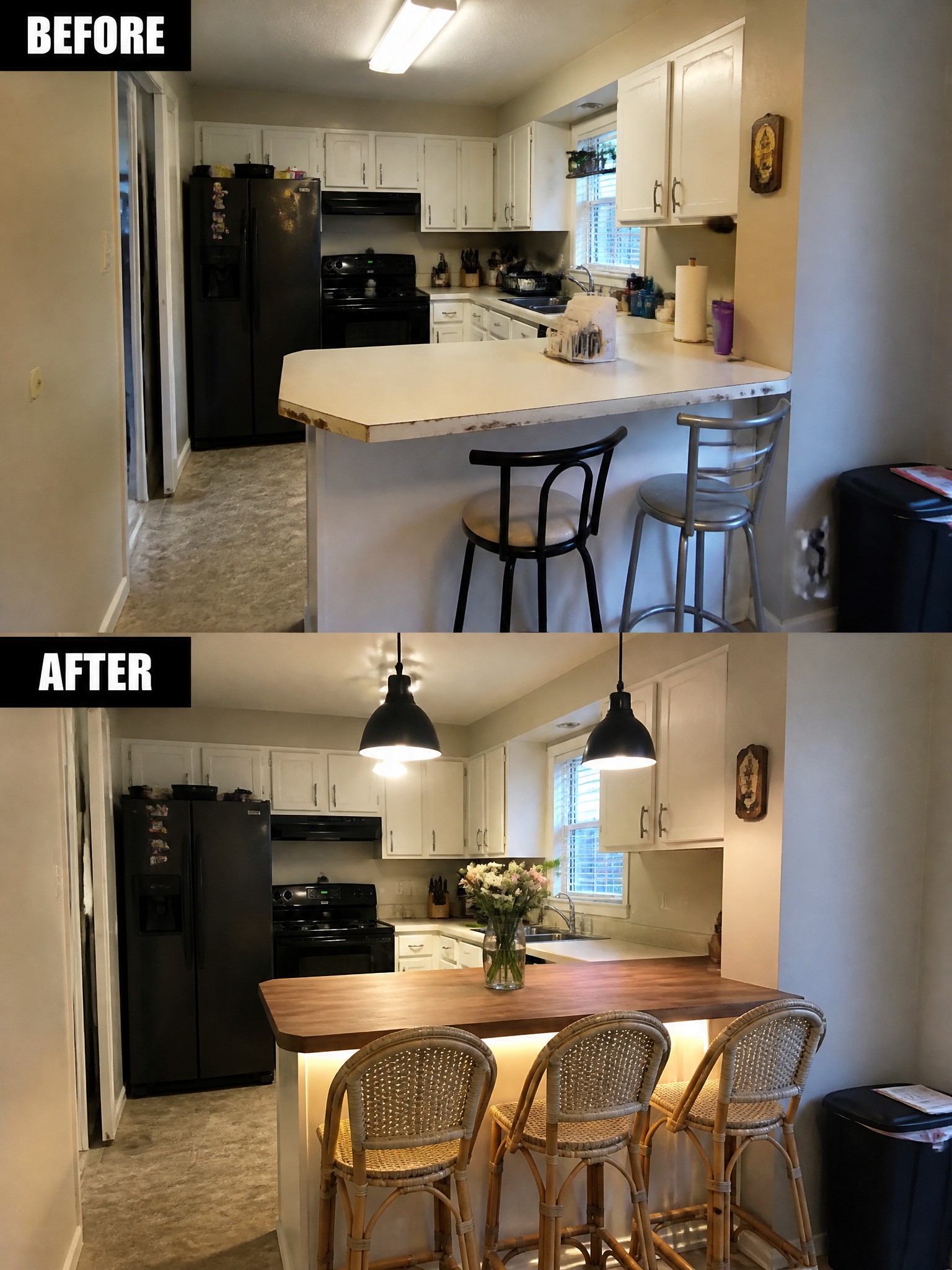 Before-and-after image of a kitchen peninsula updated with a wood countertop, matching rattan bar stools, and black pendant lights.