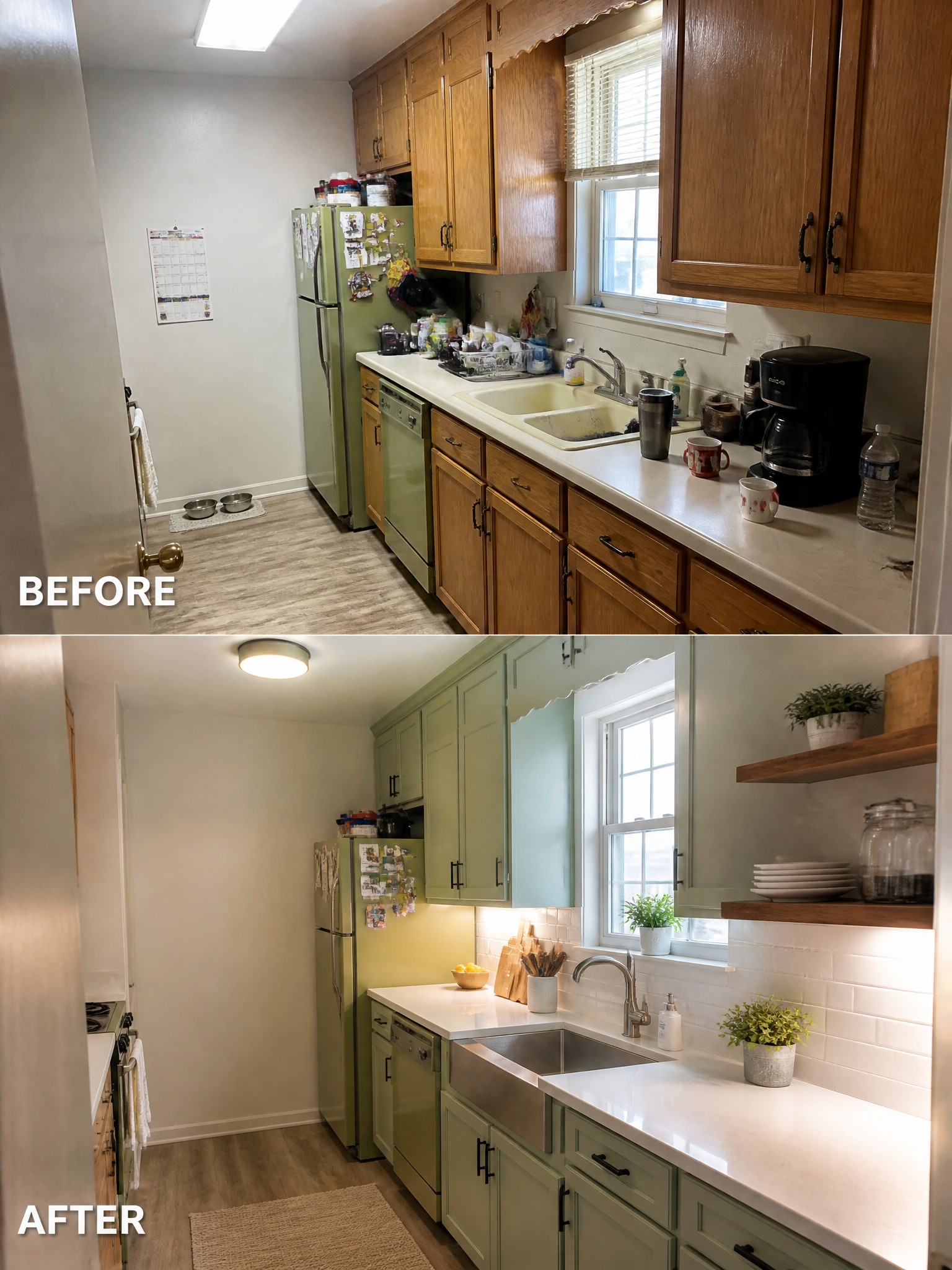 Before and after kitchen transformation showcasing updated cabinetry and modern decor in light colors.