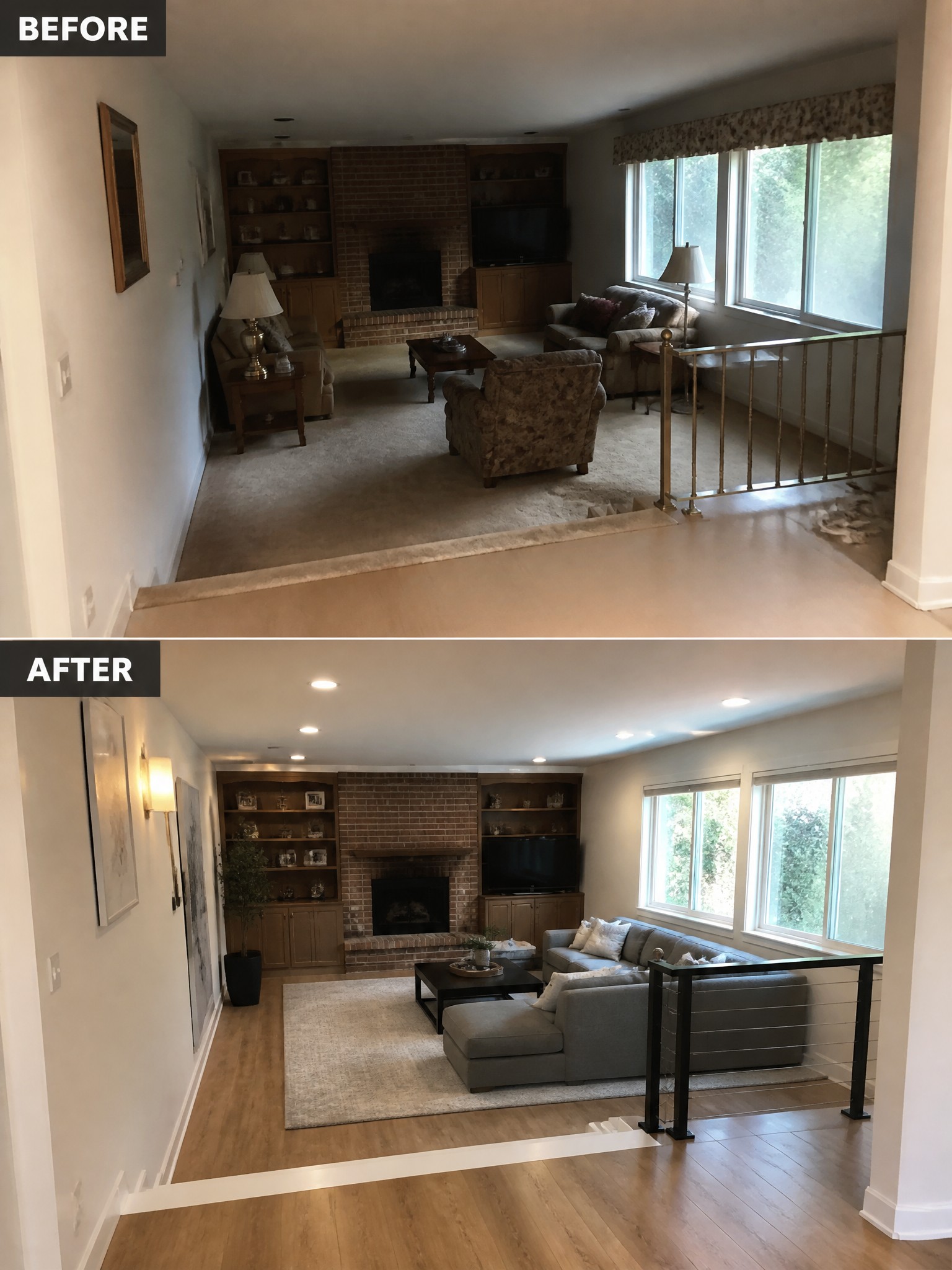 Living room transformation: before with outdated decor, after featuring modern furniture and brighter aesthetics.