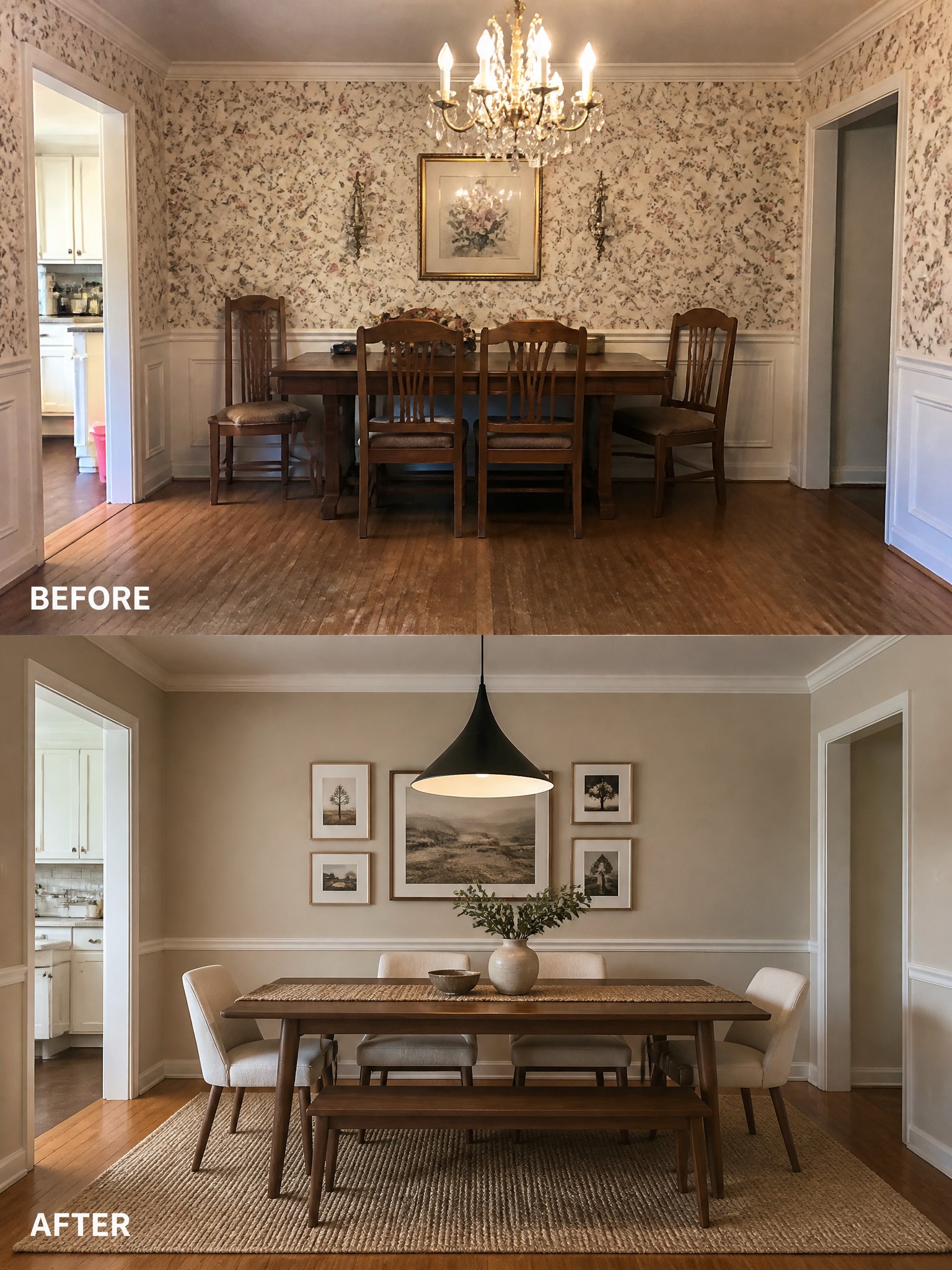 Before-and-after image of a traditional dining room updated with neutral walls, a modern pendant light, and a simpler furniture arrangement.