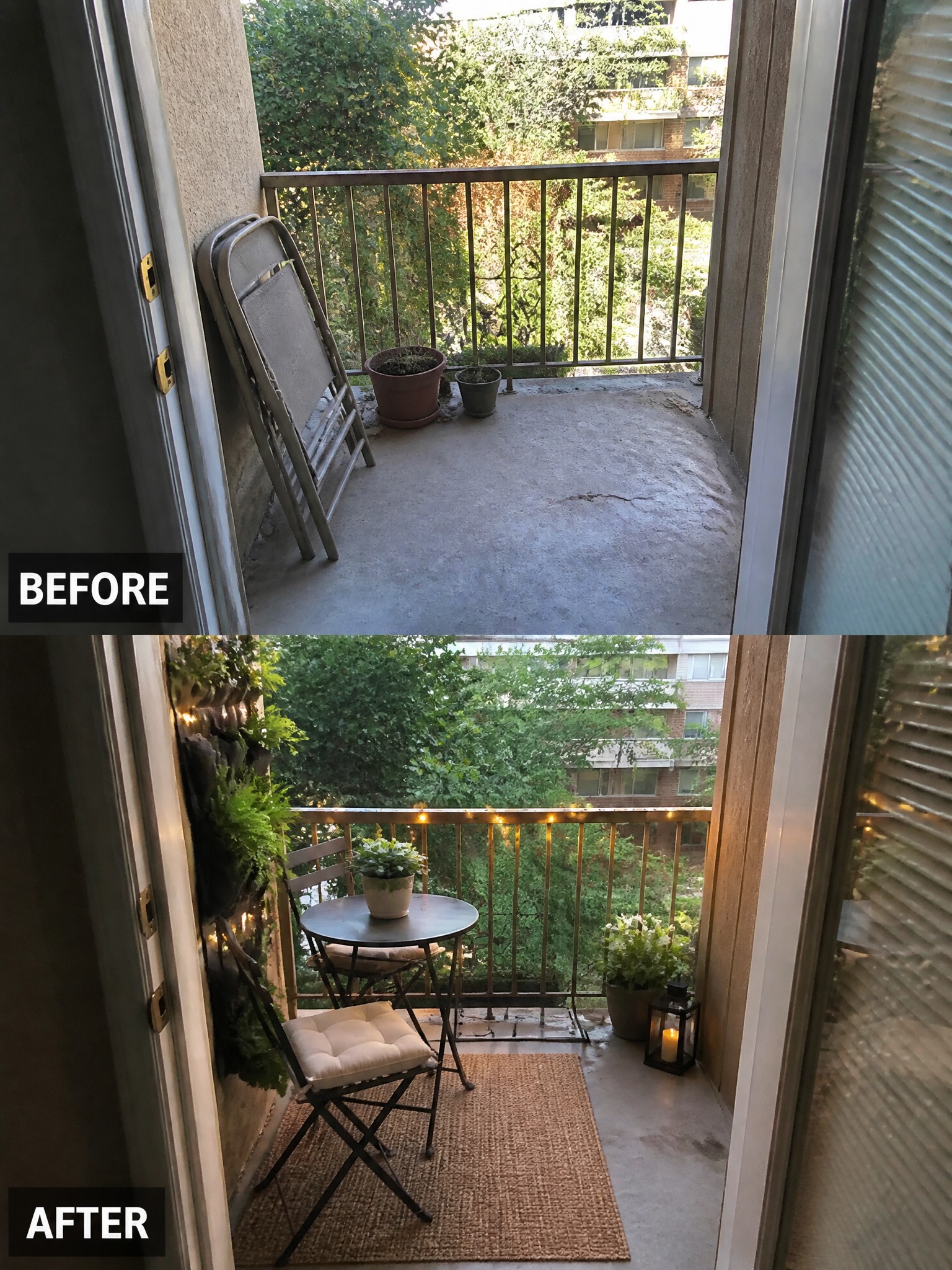 Before and after balcony transformation featuring plants, a table, and ambient lighting.