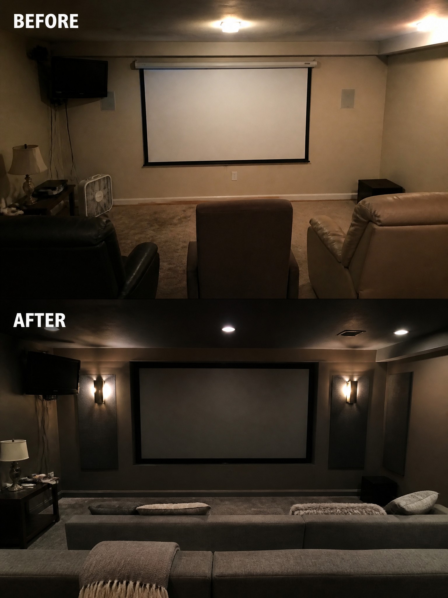 Before-and-after image of a media room updated with dark walls, a framed screen, wall sconces, and a large sectional sofa.
