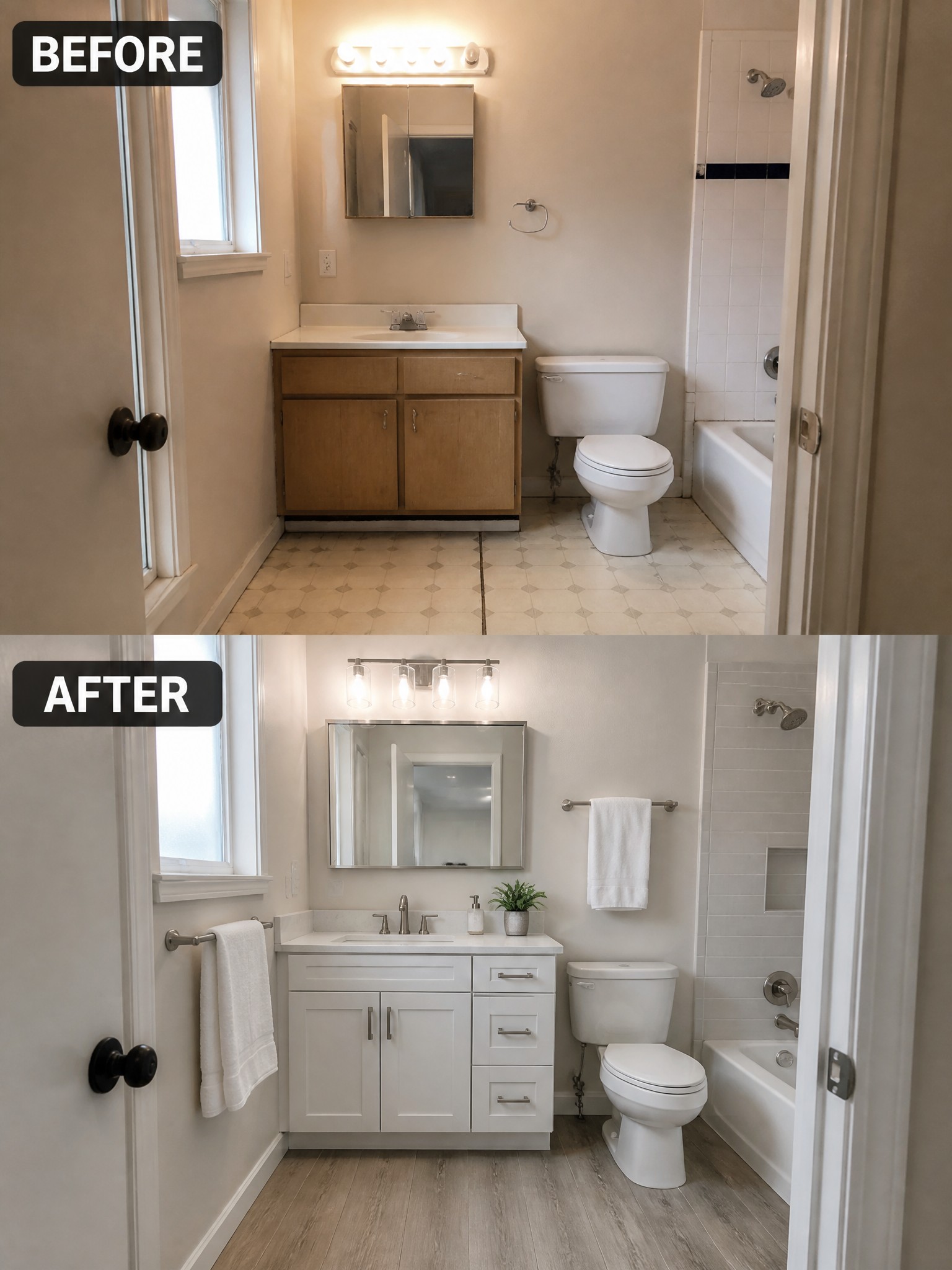 A bathroom renovation showcasing a before-and-after transformation with modern fixtures and finishes.