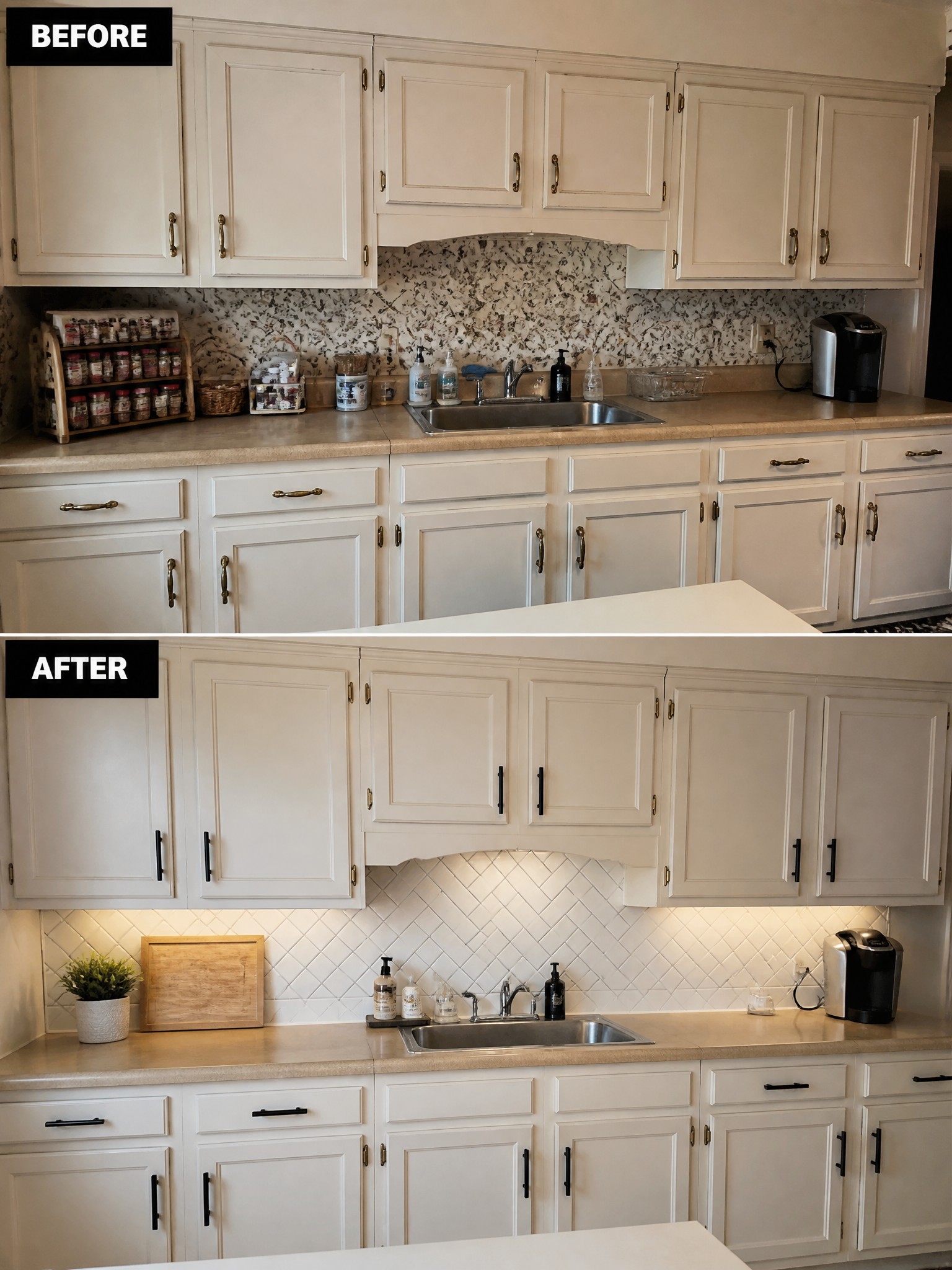 Kitchen transformation showing revamped cabinets, new tile backsplash, and updated decor.
