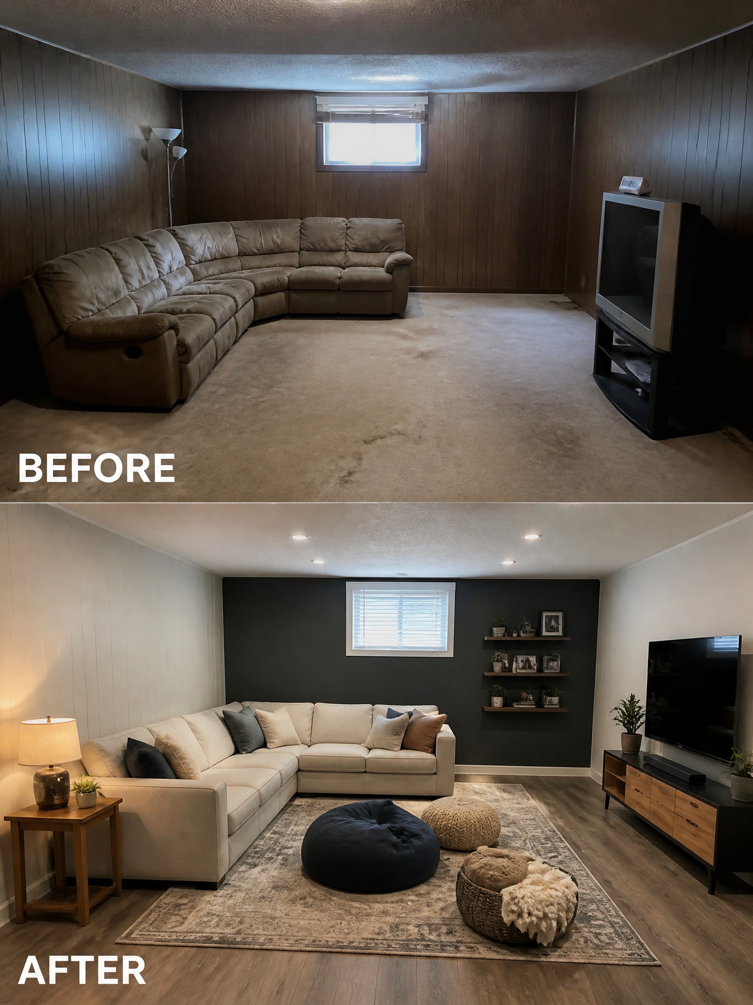Renovated living room with beige sectional sofa, dark accent wall, and decorative accents.