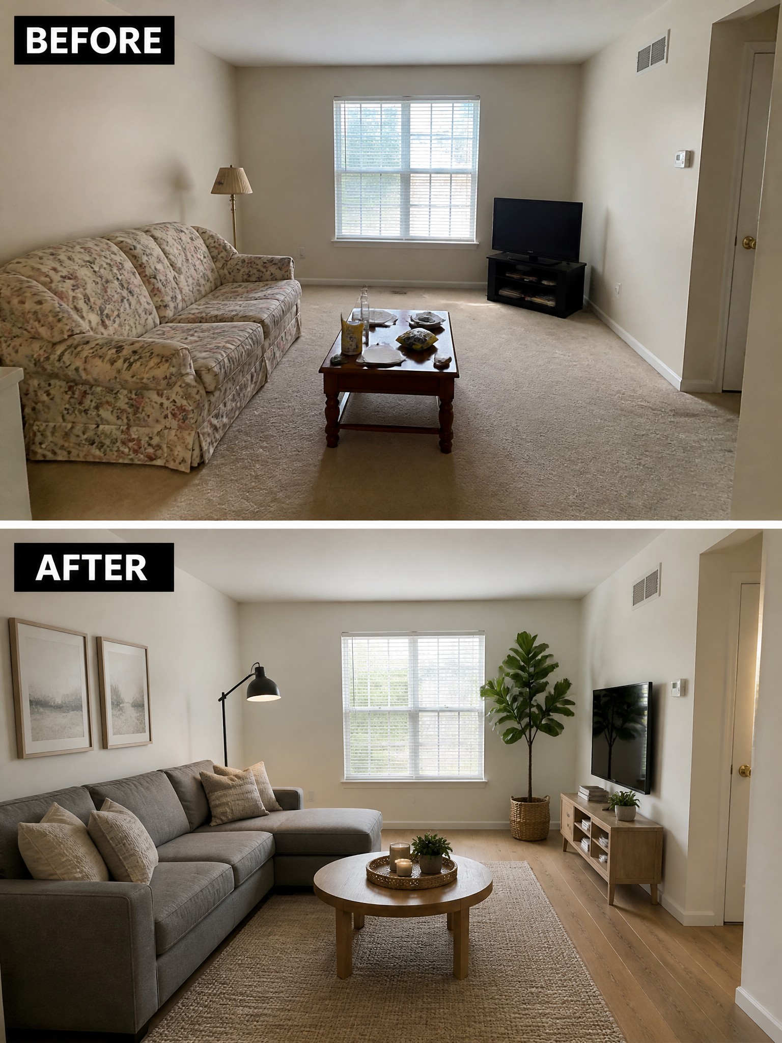 Living room transformation: floral couch replaced with gray sectional, modern decor, and plants.