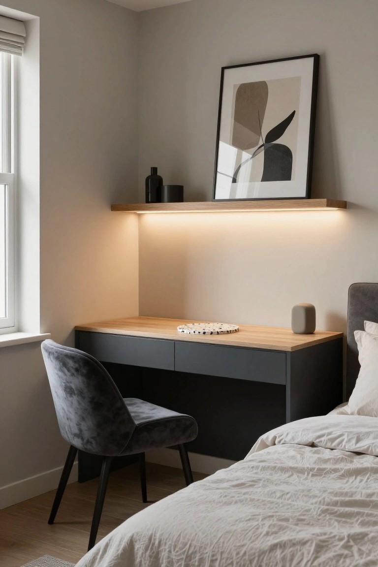 Bedroom corner showing a dark cabinet desk with light oak top, gray velvet egg chair, adjacent upholstered bed, floating oak shelf with underlighting holding a vase and frame with abstract print, near a window with blinds.