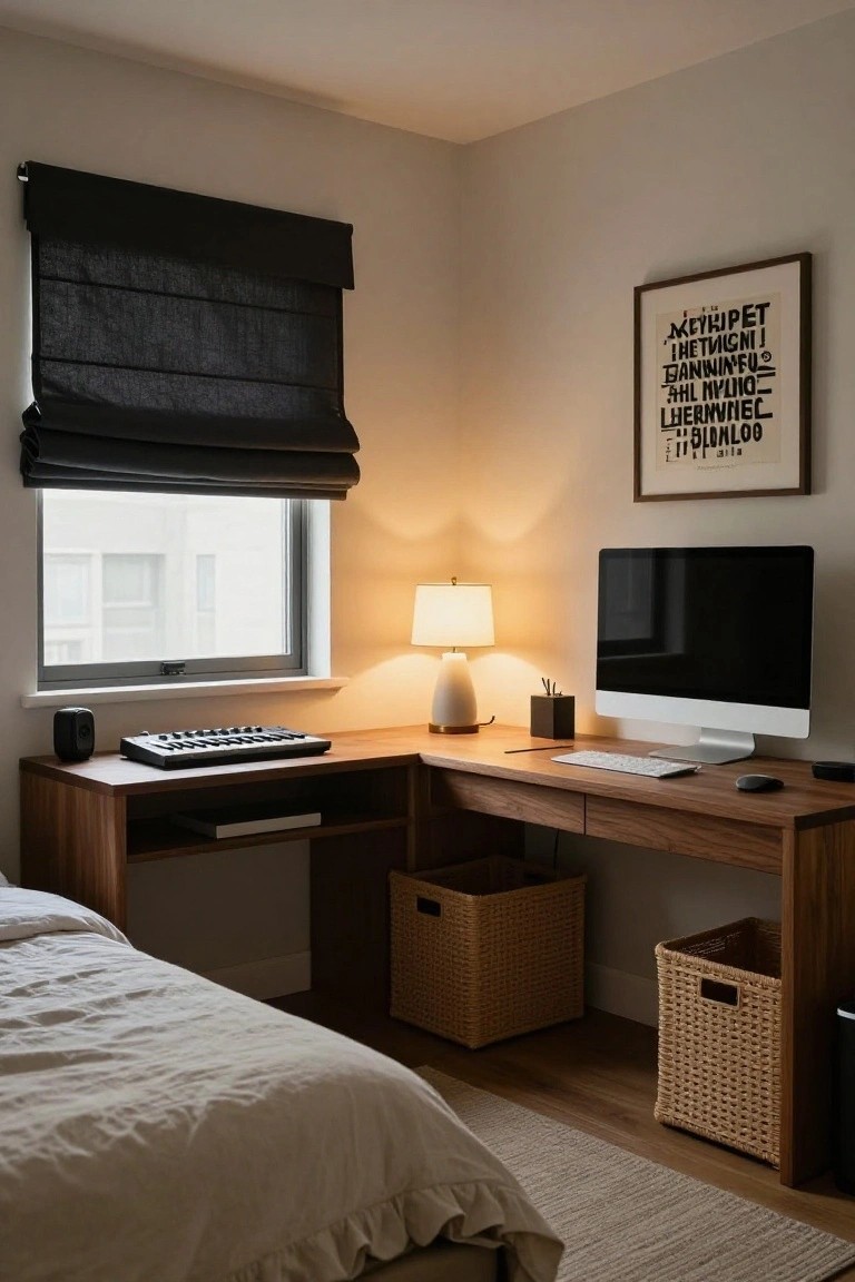 A bedroom corner with an L-shaped wooden desk topped by a black iMac monitor, white keyboard, mouse, black MIDI controller, and white lamp, beside a bed with white linens and woven storage baskets on the floor.