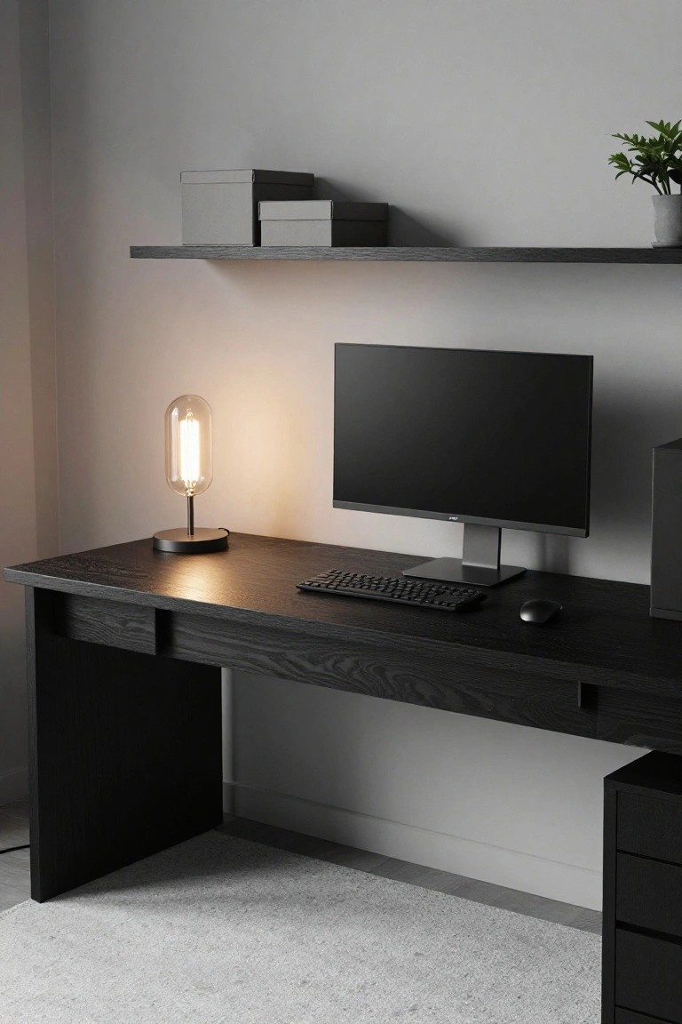 A minimalist indoor office with a black wooden desk holding a curved black monitor, mechanical keyboard, mouse, and tall tubular desk lamp, plus floating shelves above and a side cabinet.