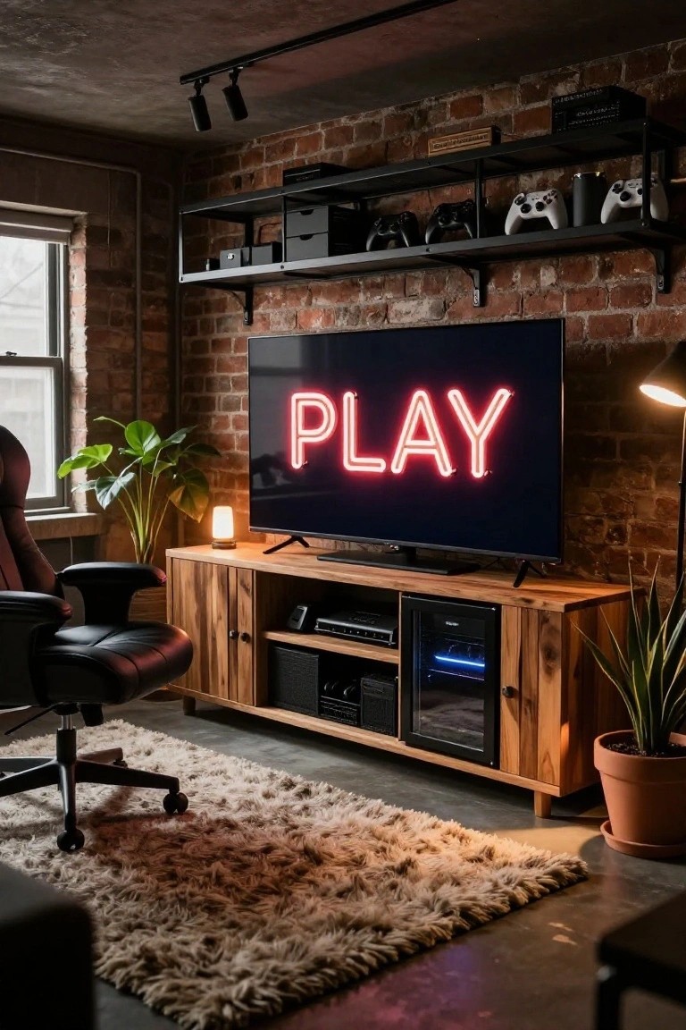 Gaming room with exposed brick walls, black metal wall shelves holding multiple game controllers and consoles, large TV displaying neon PLAY sign, wooden TV stand with mini fridge and speakers, red gaming chair, potted plants, and shag rug on concrete floor.
