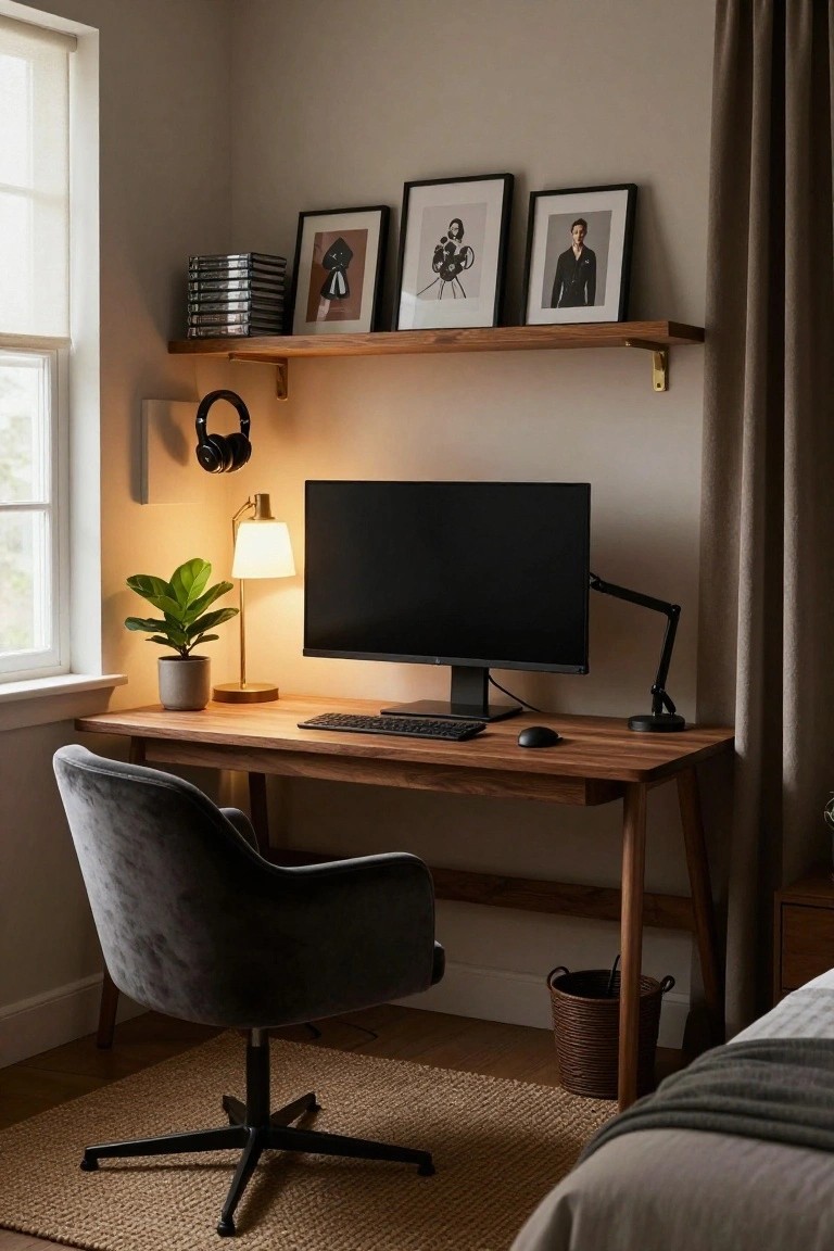 Corner bedroom desk setup featuring wooden desk with black monitor, keyboard, mouse, desk lamp, potted plant, gray velvet chair, floating oak shelf with picture frames and stacked CDs, black headphones on wall, beige walls, rug, and bed edge visible.