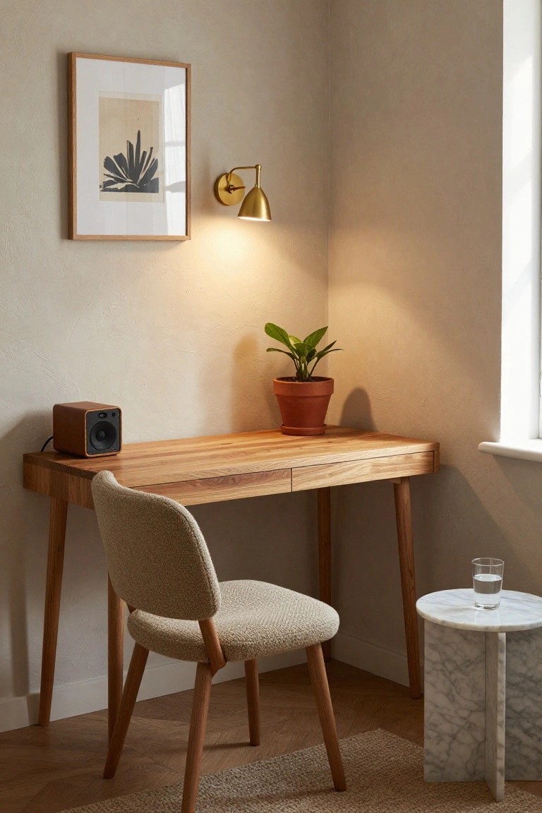 Corner of a beige room with wooden desk, cream upholstered chair, potted green plant, brown cube speaker, gold wall lamp, framed abstract art, marble side table with water glass, and seagrass rug on wood floor.