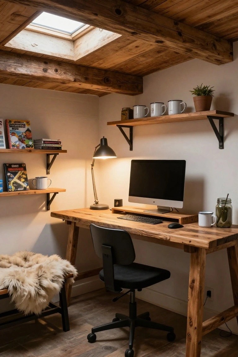 Cozy attic workspace with exposed wooden beams and skylight, featuring a rustic wooden desk with iMac monitor, keyboard, mouse, black office chair, wooden shelves holding mugs, books, and plants, and a desk lamp.