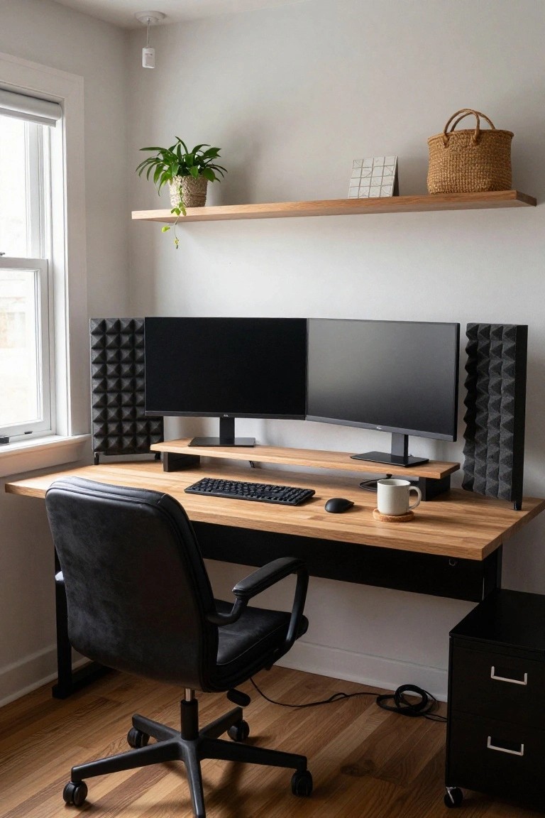 Home gaming desk setup with dual black monitors elevated on a wooden stand, flanked by tall black pyramid acoustic foam panels, wooden desk surface, black leather office chair, potted plant on shelf, and white mug nearby.