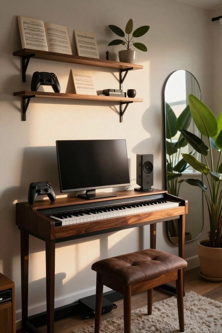 Wooden desk with digital piano keyboard supporting a black monitor, flanked by Nintendo Switch controllers, a speaker, leather stool, shelves with sheet music and plants, and a large potted plant in a sunlit room.