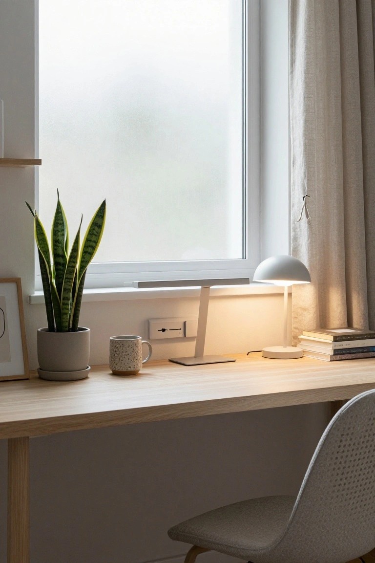 Light oak desk with monitor stand, white dome lamp, snake plant in gray pot, ceramic mug, stack of books, and woven chair next to frosted window with beige curtains.