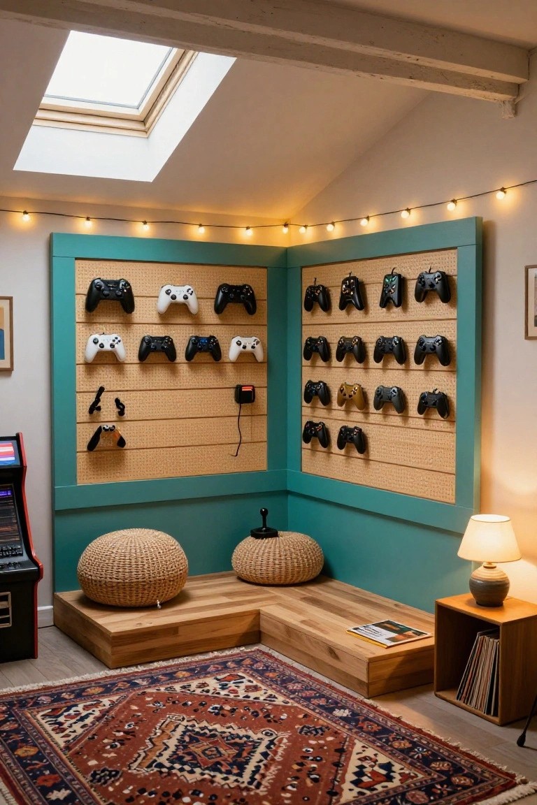 Corner of an attic room with teal-framed pegboard walls displaying many Xbox and PlayStation controllers, wicker poufs on wooden platforms, an arcade machine nearby, a lamp, and a patterned rug on the floor.