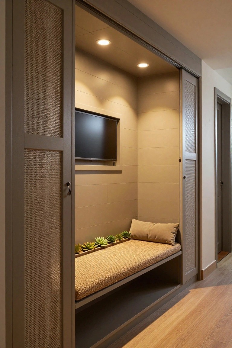 Open sliding wardrobe with rattan doors revealing a built-in beige upholstered bench, wall-mounted black TV, potted succulents on the bench, tiled beige walls, and recessed warm lighting in an indoor hallway with wood flooring.