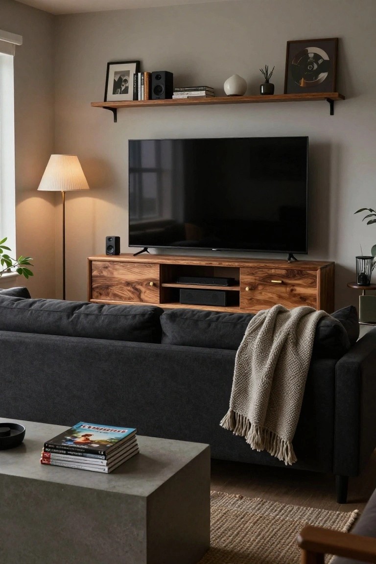 Cozy living room corner with wooden TV stand under large black screen, speakers on sides, gray sofa with throw, concrete coffee table with books, wall shelves with plants and frames, floor lamp nearby.