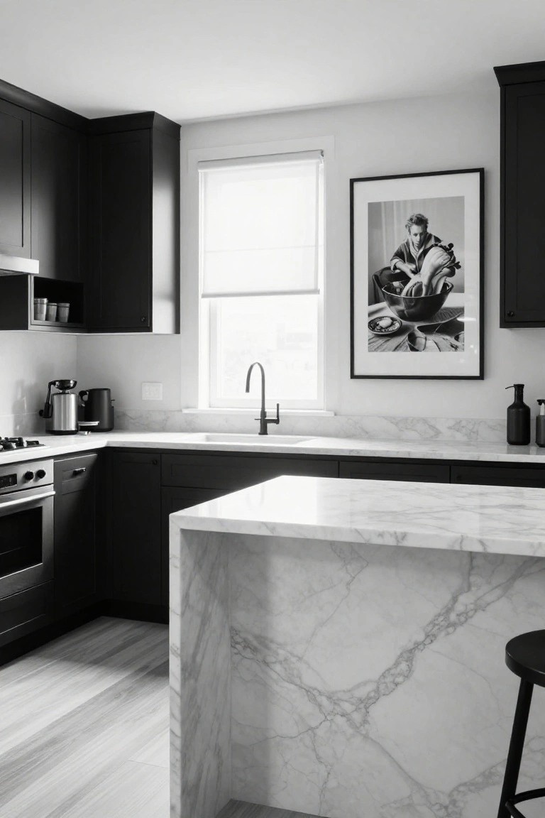 Black and white photograph of a modern apartment kitchen with matte black cabinets, white veined marble countertops and peninsula, black bar stool, coffee maker, and large framed portrait beside a window with roller shade.